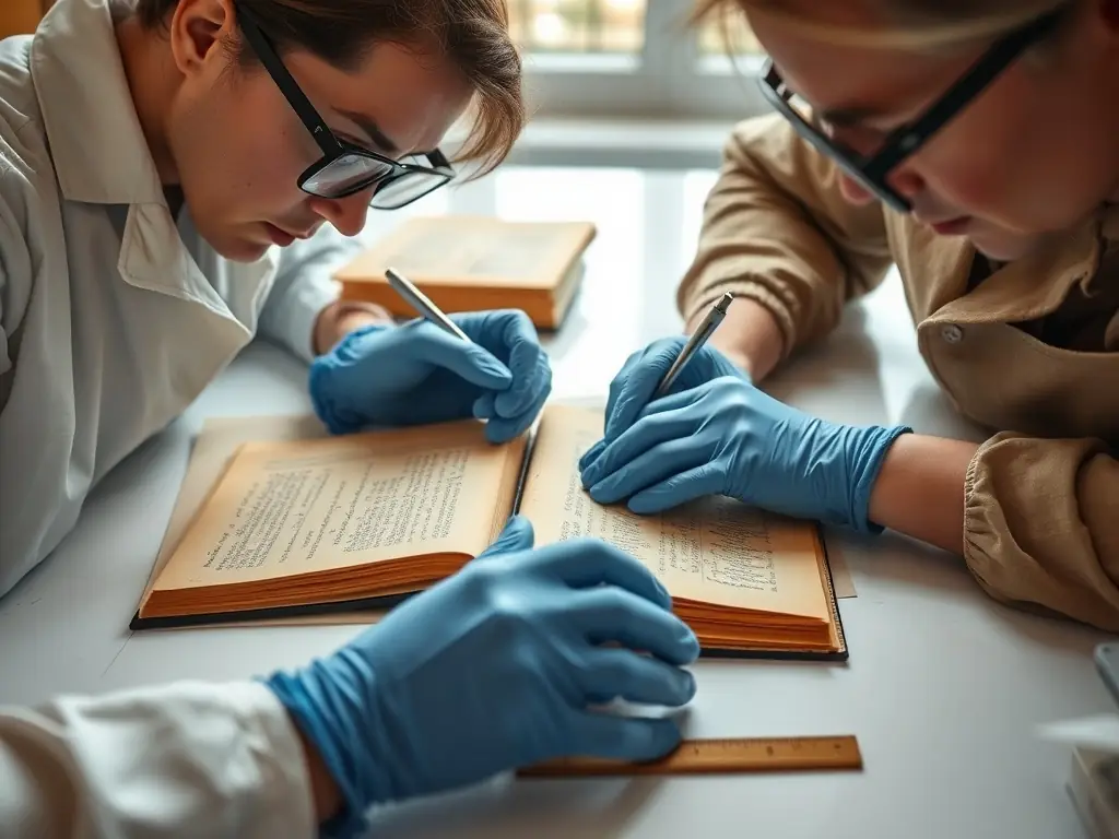 A photograph of archivists carefully restoring old ledgers in a well-lit archive, showcasing the meticulous work involved in preserving economic records.
