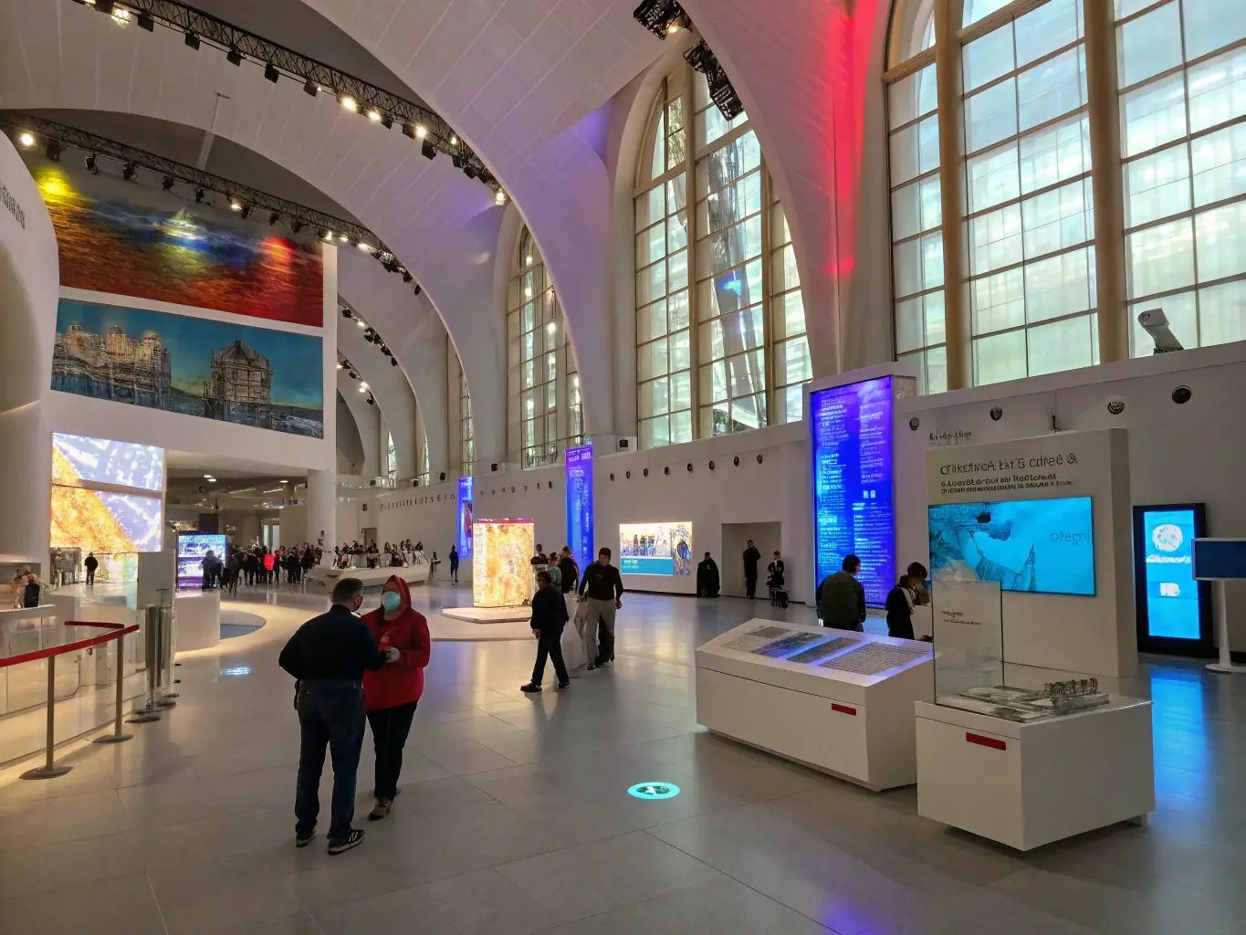 A vibrant image of an exhibition showcasing historical economic documents and artifacts, with visitors engaging with the displays.