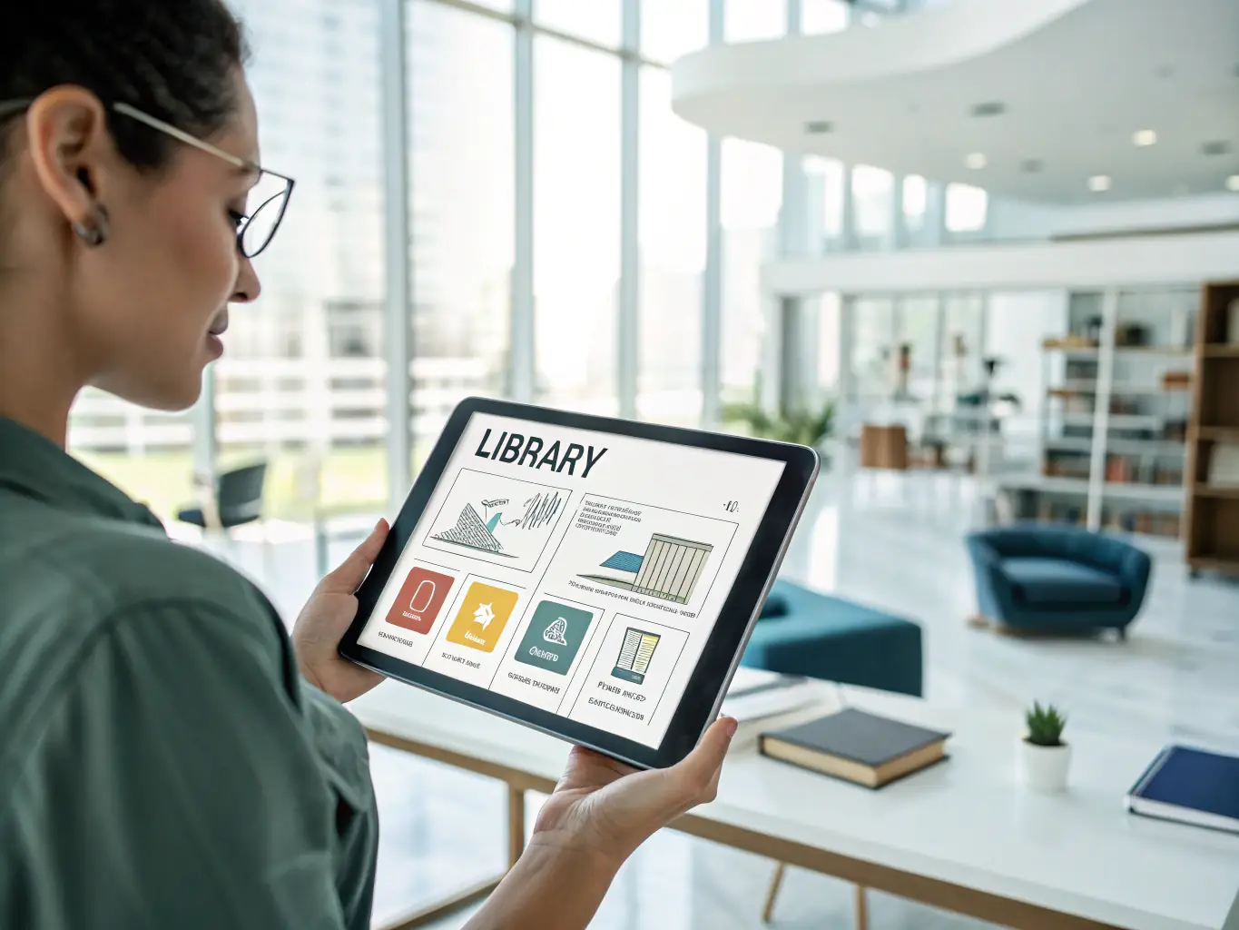 A digital rendering of a user interacting with a digitized economic archive on a tablet, highlighting the accessibility of ARSAE's digital resources.